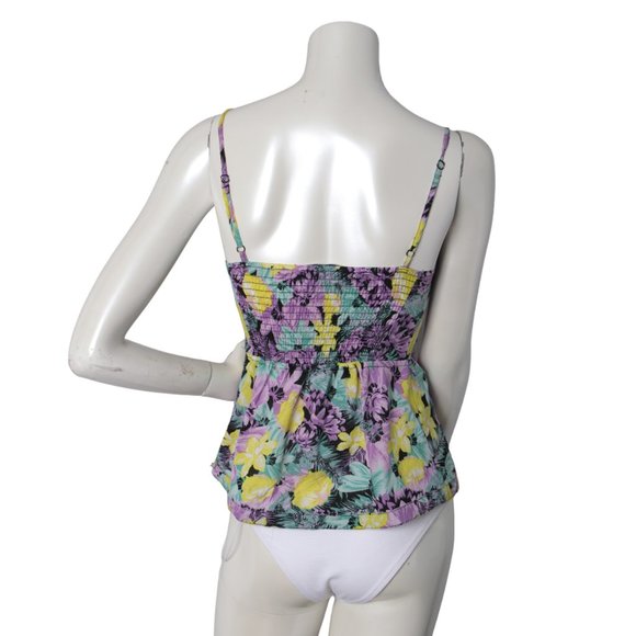 Bluenotes Peplum Sweetheart Floral Blouse Tank Top Smocked Black Purple Blue Y2K - Picture 3 of 9